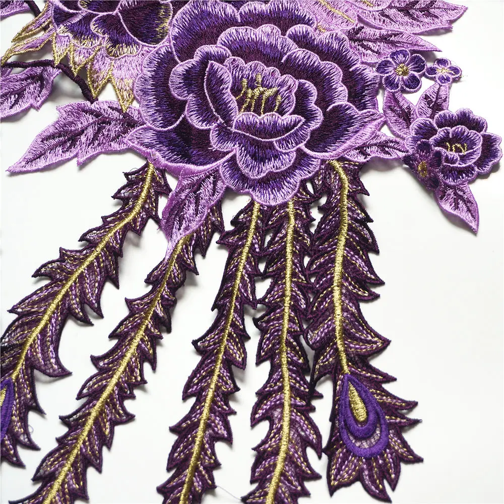 Вышитая ткань с длинным хвостом фиолетовым павлином Фениксом Цветочная