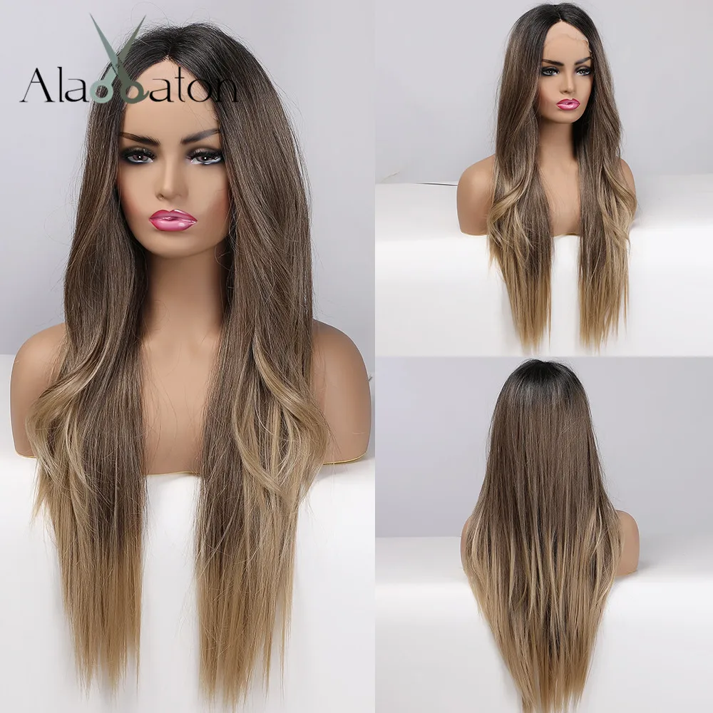 

ALAN EATON Cosplay Lace Front Wigs Natural Middle Part Long Wavy 0mbre Black Brown Wigs Synthetic Lace Wigs For Black Women Afro
