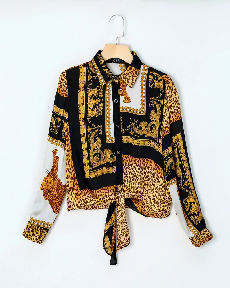 

2020 Spring Women Elegant Party Loose Button Shirt Turn-down Collar Female Leopard Print Knot Front Long Sleeve Blouse