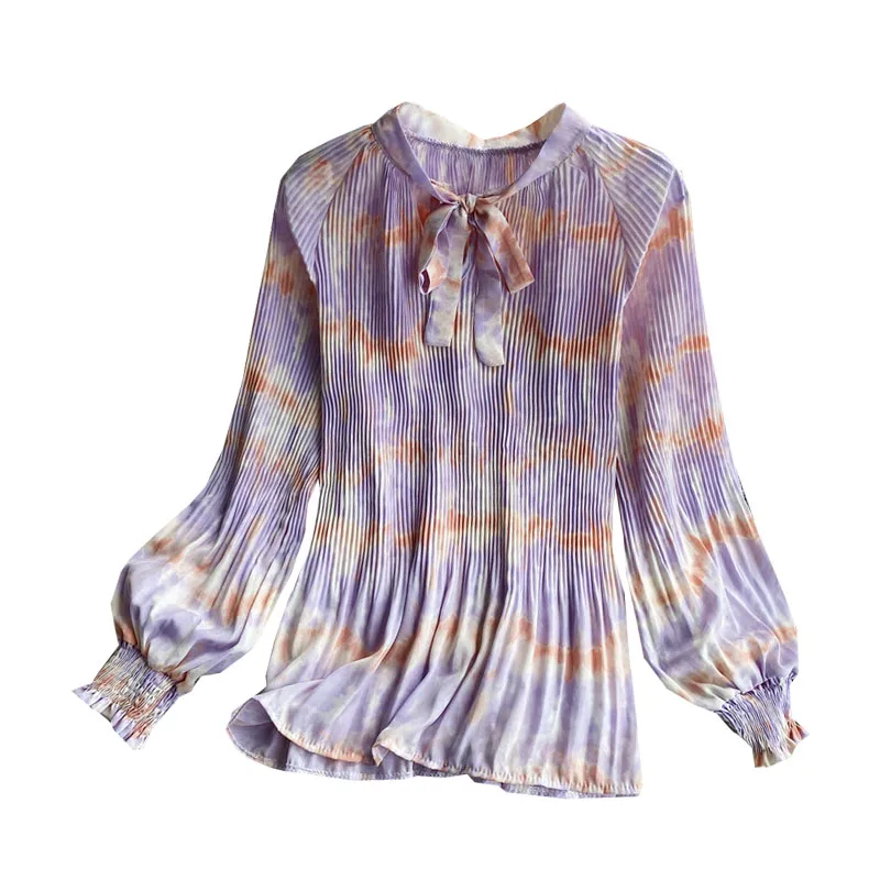 

Floral Pleated Chiffon Shirt Women's Bowknot Lace Waist Long Sleeve Stand Collar Retro Top Lantern Sleeve UK224