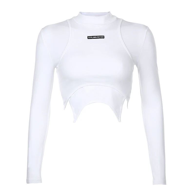 

Rapcopter Faux Two Pieces Crop Top Women T Shirt Letter Embroidery Tops Full Sleeve Autumn Tops White Turtleneck Tee 2020 New