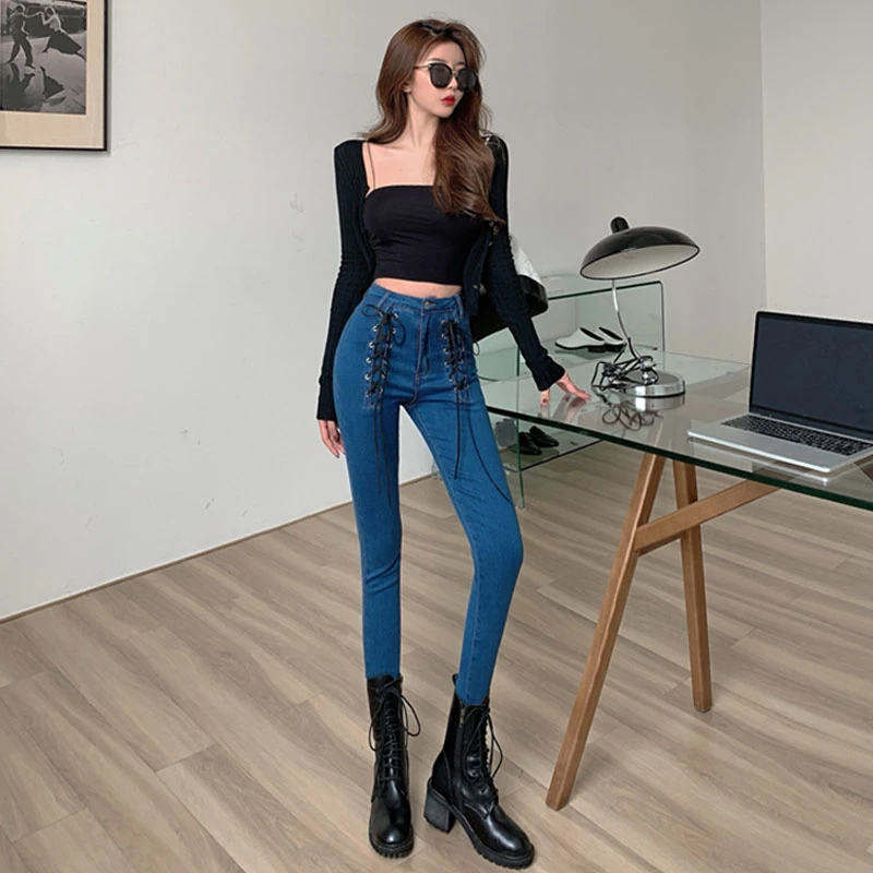 

2021 Sexy Skinny Cross Lacing up High Waist Pencil Jeans Women Slim Fit Stretch Denim Pants Full Length Denim Trousers KZ895