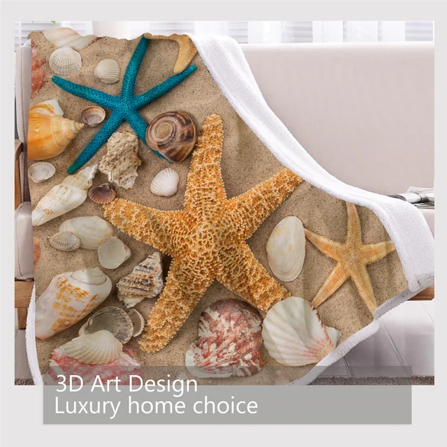 BlessLiving Beach Seashell Plush Blanket 3D Print Blankets For Beds Realistic Bedding Sand Starfish Throw Blanket Koce Dropship 3