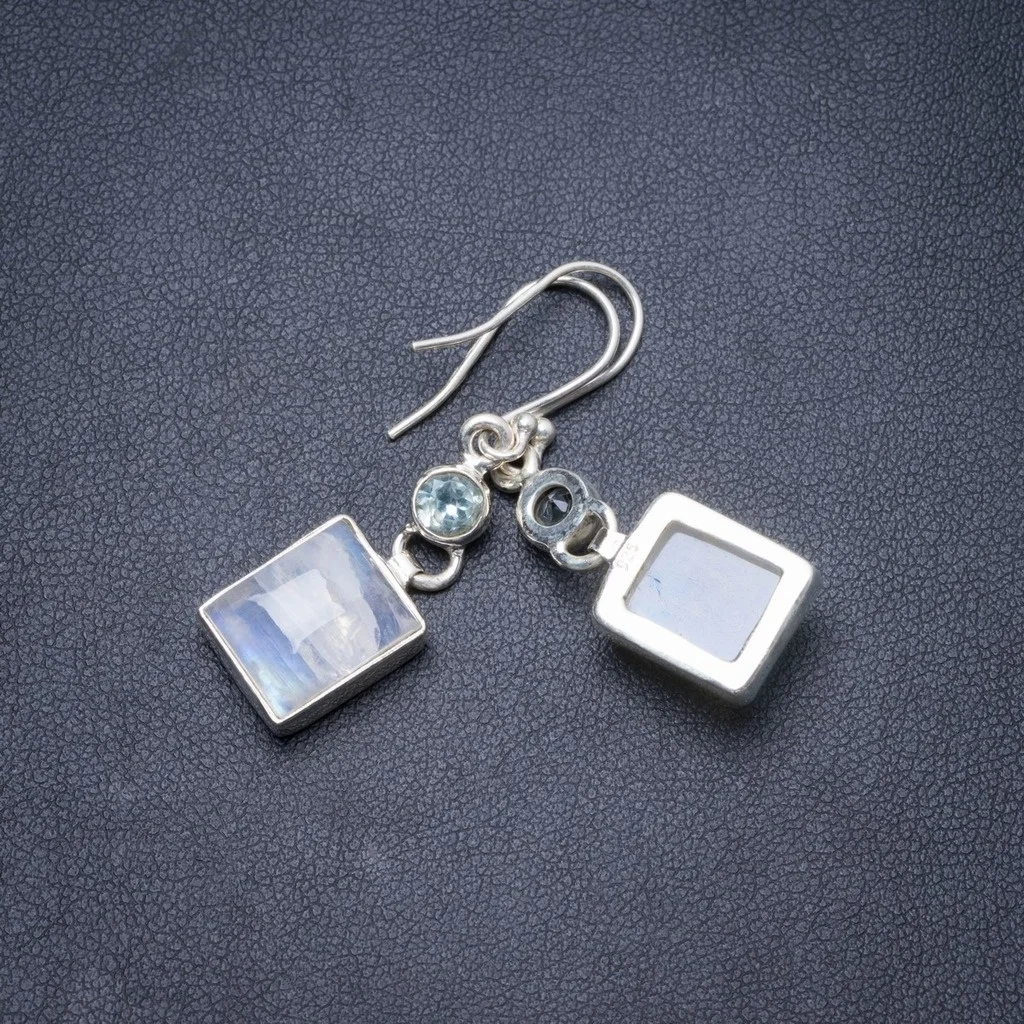 

Natural Rainbow Moonstone and Green Amethyst Handmade Unique 925 Sterling Silver Earrings 1 3/4" Y2319