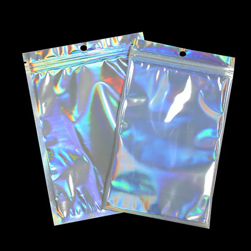 

50Pcs/lot Plastic Bag Aluminum Foil Hologram Food Pouch Small Water Proof Zipper Reclosable Pouches Zipper Storage Bags