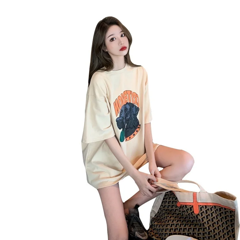 

Oversized Cartoon Print Short-Sleeved T-Shirt Y2K Tops Women Summer Korean Loose Crewneck Mid-length Casual Harajuku Kawaii Top