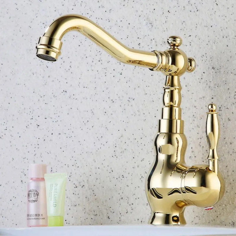Современный поворотный кран из полированной латуни золотого цвета с одним