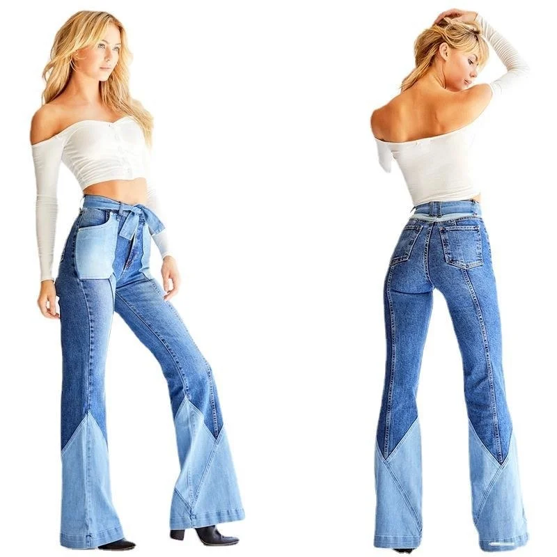 

2021 Spring And Autumn Straight Stretch Denim Splicing Denim Flared Pants New Fashion High Waist Jeans Woman