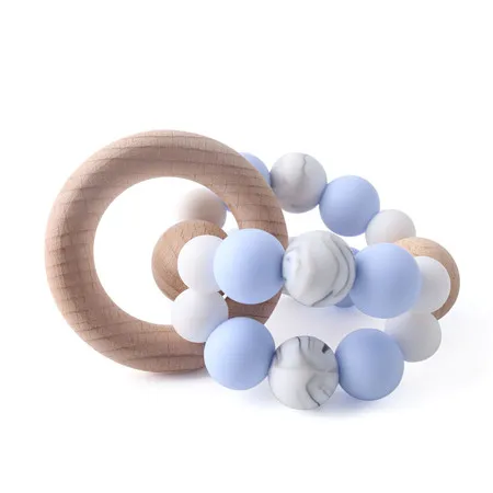 candy blue Давайте сделаем 1 шт. деревянная погремушка без БФА, силиконовый бисер еда высококачественное кольцо Прорезыватель зубов Бука Деревянный прорезыватель погремушки для детей - Цвет: candy blue