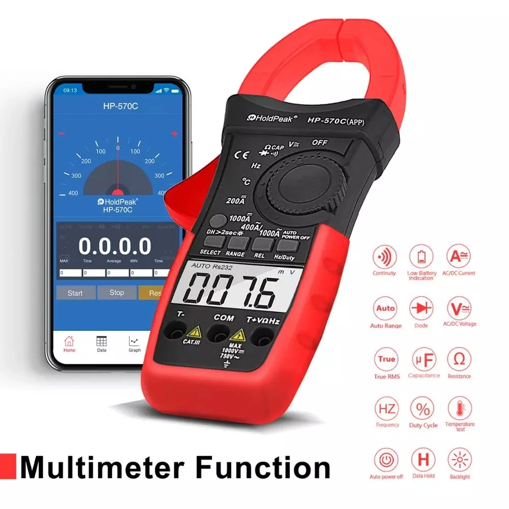 HoldPeak Цифровые токоизмерительные клещи HP 570C APP 1000A AC/DC напряжение постоянного тока