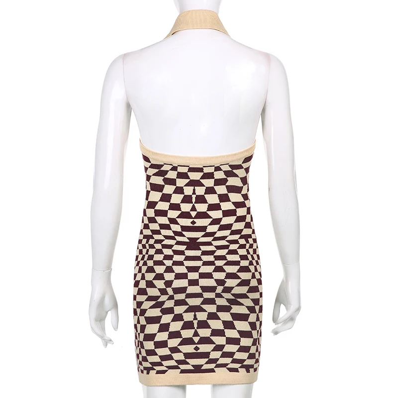 

HEYounGIRL Plaid Backless Knitted Tank Dress Women V Neck Vintage Sleeveless Bodycon Mini Dresses Ladies Button Up Party Summer