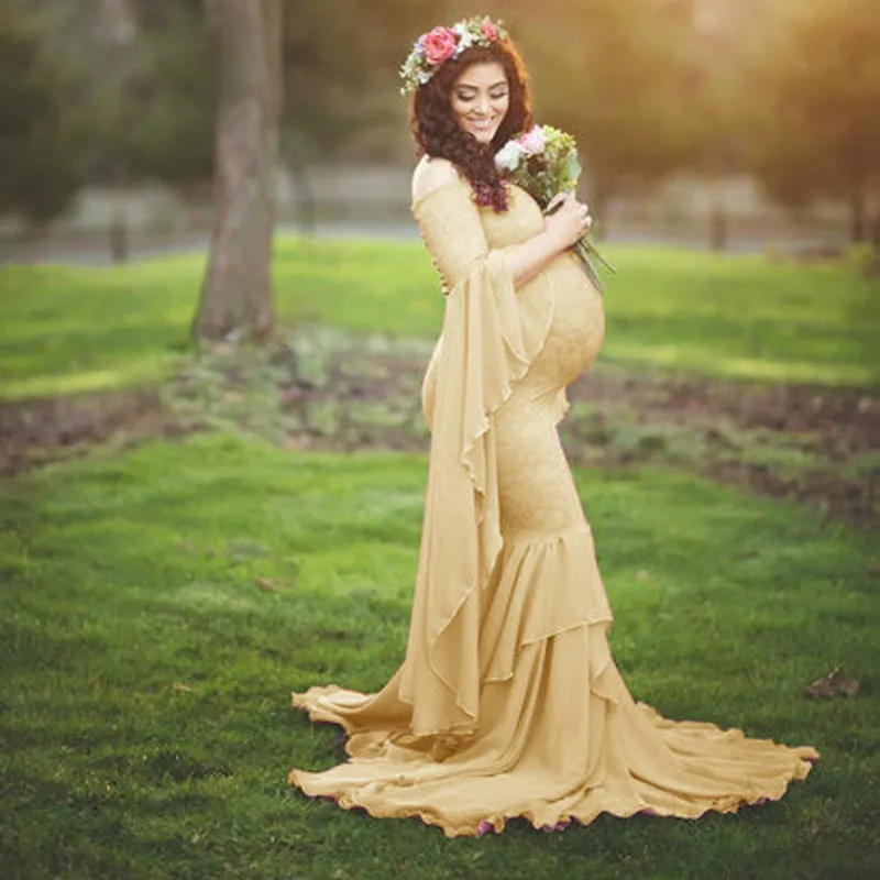 Костюм платье с кружевом для беременных женщин одежда длинными рукавами длинное