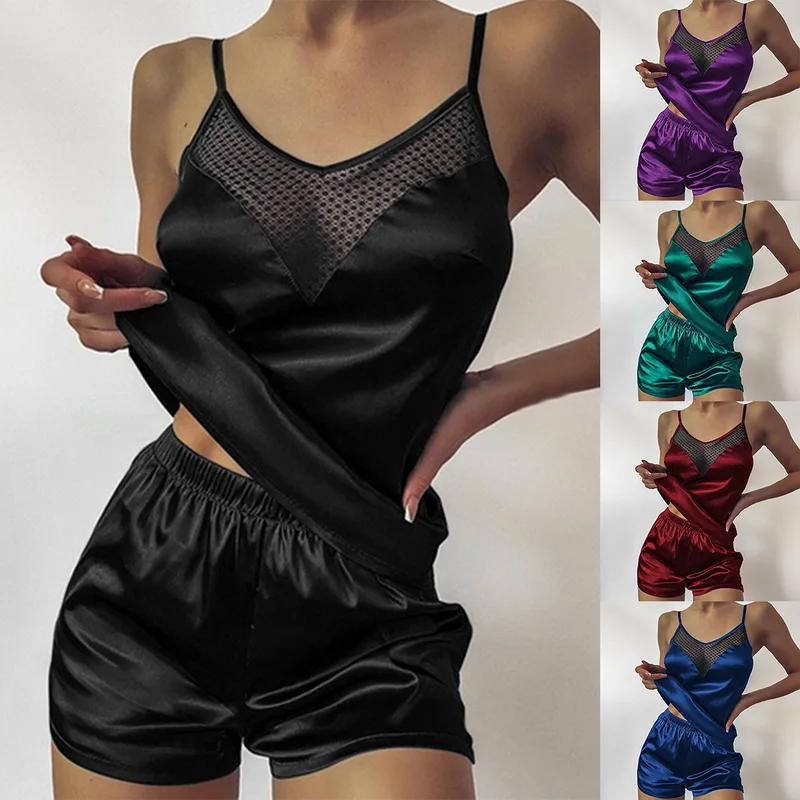 

Атласная пижама, сексуальная женская одежда для сна, домашняя одежда, топы и шорты, Женская шелковая пижама, однотонный пижамный комплект дл...
