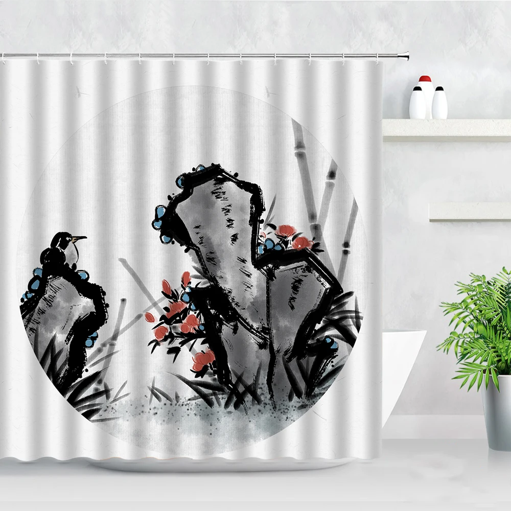 

Chinese Style Ink Painting Shower Curtains Lotus Flowers Bamboo Birds Natural Scenery Modern Art Home Decor Bathroom Curtain Set