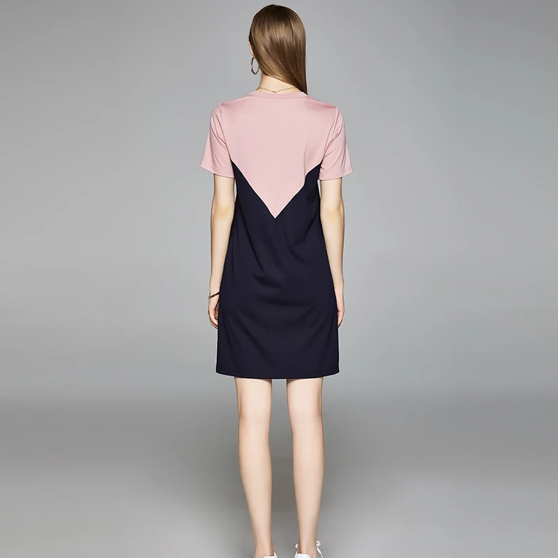 

Summer short-sleeved dress female European goods 2020 new contrast stitching beaded Joker slim T-shirt skirt