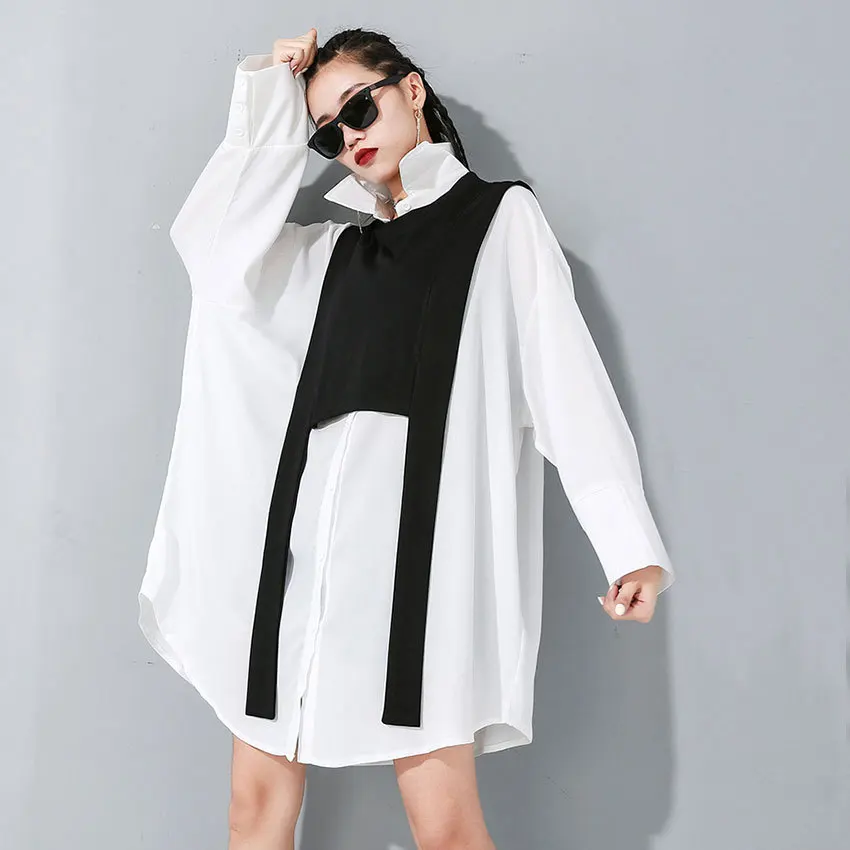 

Johnature 2021 Spring Fashion Original Long Two-piece Shirts Women New Causal Loose Turn-down Collar Irregualr Female Blouses