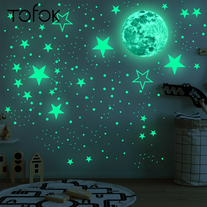 

Tofok 30cm Moon 435pcs Stars Dots Green Luminous Wall Sticker Children Room Ceiling Stairs Decoration Fluorescent Mural Decals