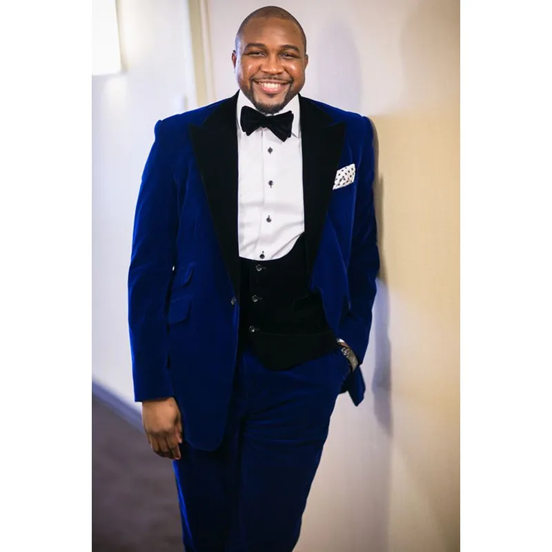 Темно синий велюровая куртка жилет Slim Fit мужской костюм комплект из 3 предметов