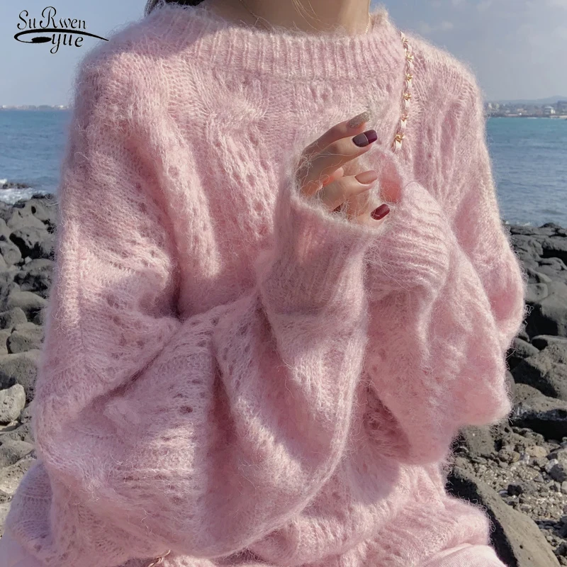 

Pullovers Women Knitted Sweaters 2021 New Autumn Winter Loose Mohair Warm Basic Knitwear Hollow Solid Female Soft Jumper 17932