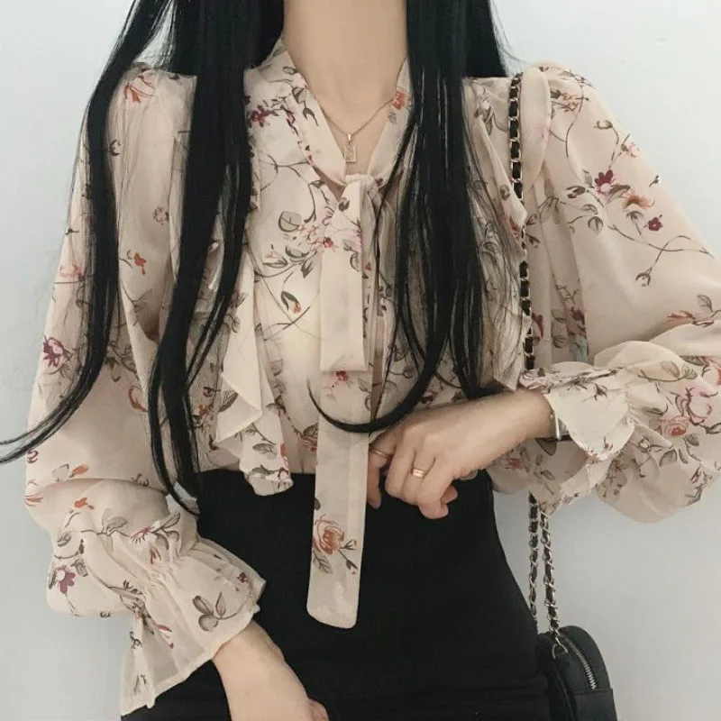 Женская шифоновая рубашка с V образным вырезом длинным рукавом и