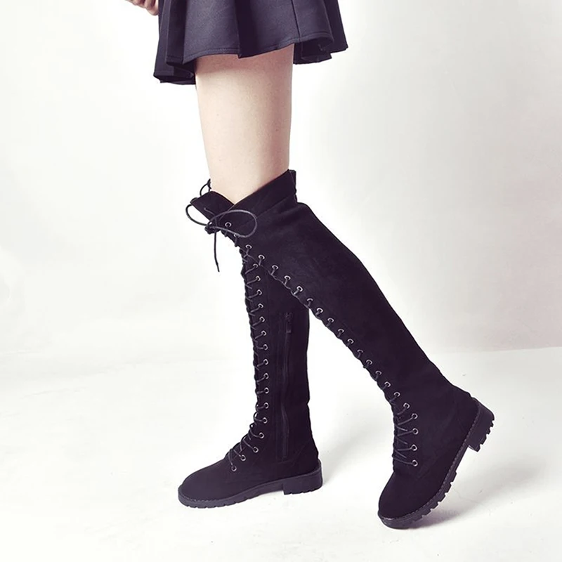 

Модные женские высокие сапоги выше колена на низком каблуке на весну и зиму, качественные удобные высокие сапоги до бедра из эластичной ткани с квадратным каблуком