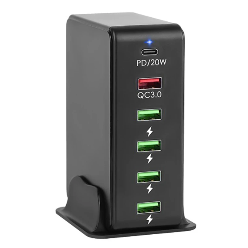 

NEW-Multi USB C Quick Charge QC3.0 Wall Charger 65W 6 Port Fast Desktop 20W PD Charging Station for Phone, EU Plug