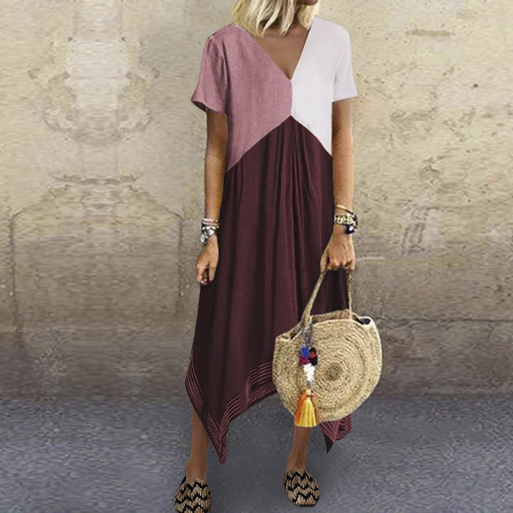 Платье женское средней длины с коротким рукавом V-образным вырезом | Женская