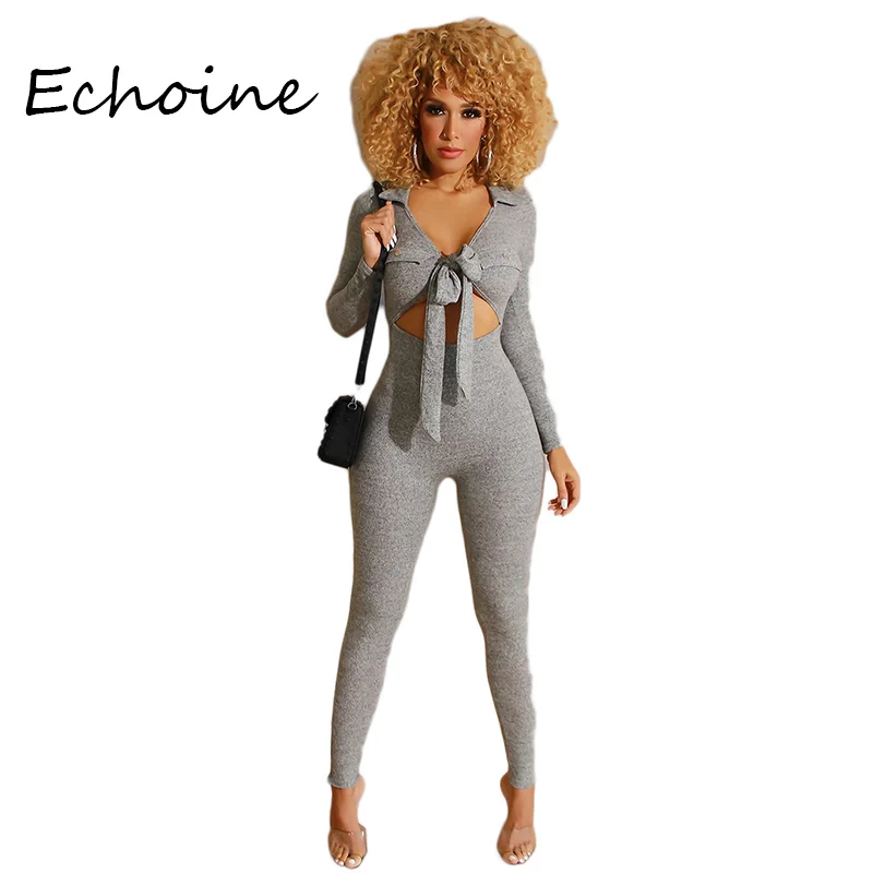 Сексуальный женский комбинезон с вырезами и завязками спереди облегающий боди