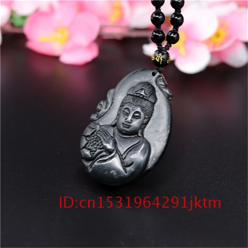 

Amulet Pendant Jade Jewelry Necklace Carved Men Black Natural Guanyin Accessories Obsidian Gifts Chinese Charm Green for Buddha