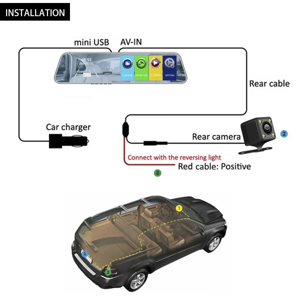 

5.3" Touch Car DVR Rear View Camera Mirror Dvrs 1080P Dash Cam Auto Registrar Video Recorder with 2 Cameras Parking Dashcam