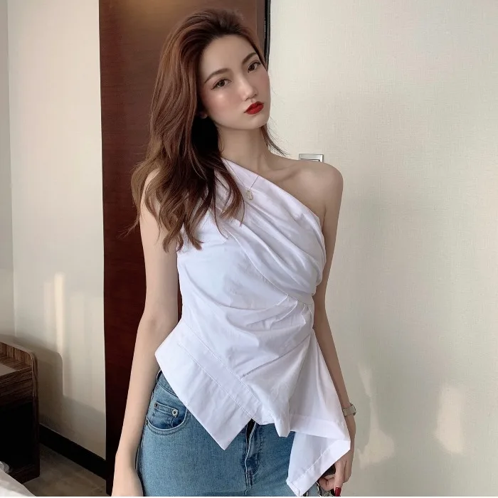 

Women Summer Autumn Sleeveless Off Shoulder Top Tee Solid T shirt With Ruffles For Girls