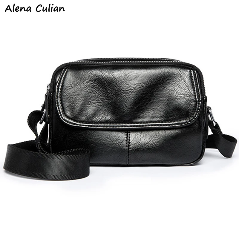 

Vintage Fashion Solid Black Leather Crossbody Bag For Man Small Travel Messenger Bag Side Sling Men's Shoulder Bag bolsos
