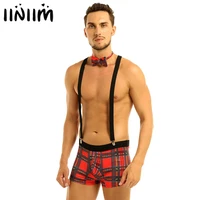 3pcs mens plaid bulge pouch boxer briefs underwear with y back elastic strong clip suspenders and bowtie set for sexy clubwear