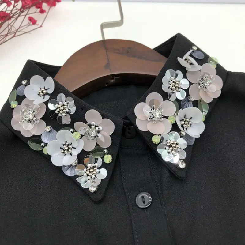 

Womens Detachable Blouse False Collar Handmade Beading Rhinestone Sequins Flower Lapel Adjustable Half-Shirt Necklace