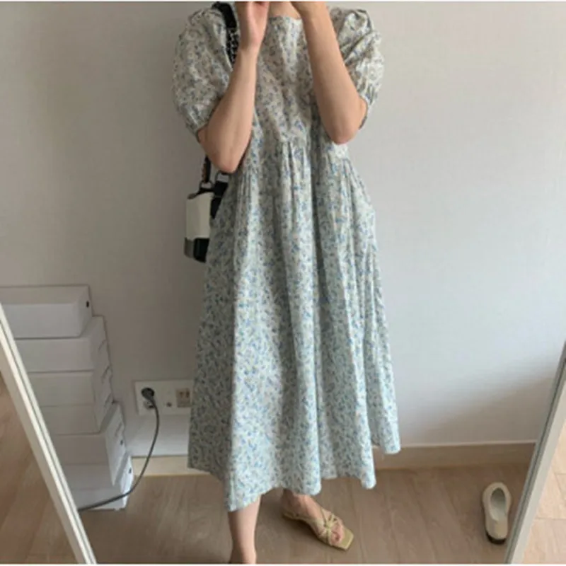 

Women Vintage Dress Women Satin Printing Floral Dress Woman Loose Wasit Long Dress Female O-Neck Puff Sleeve Dresses Plus Size