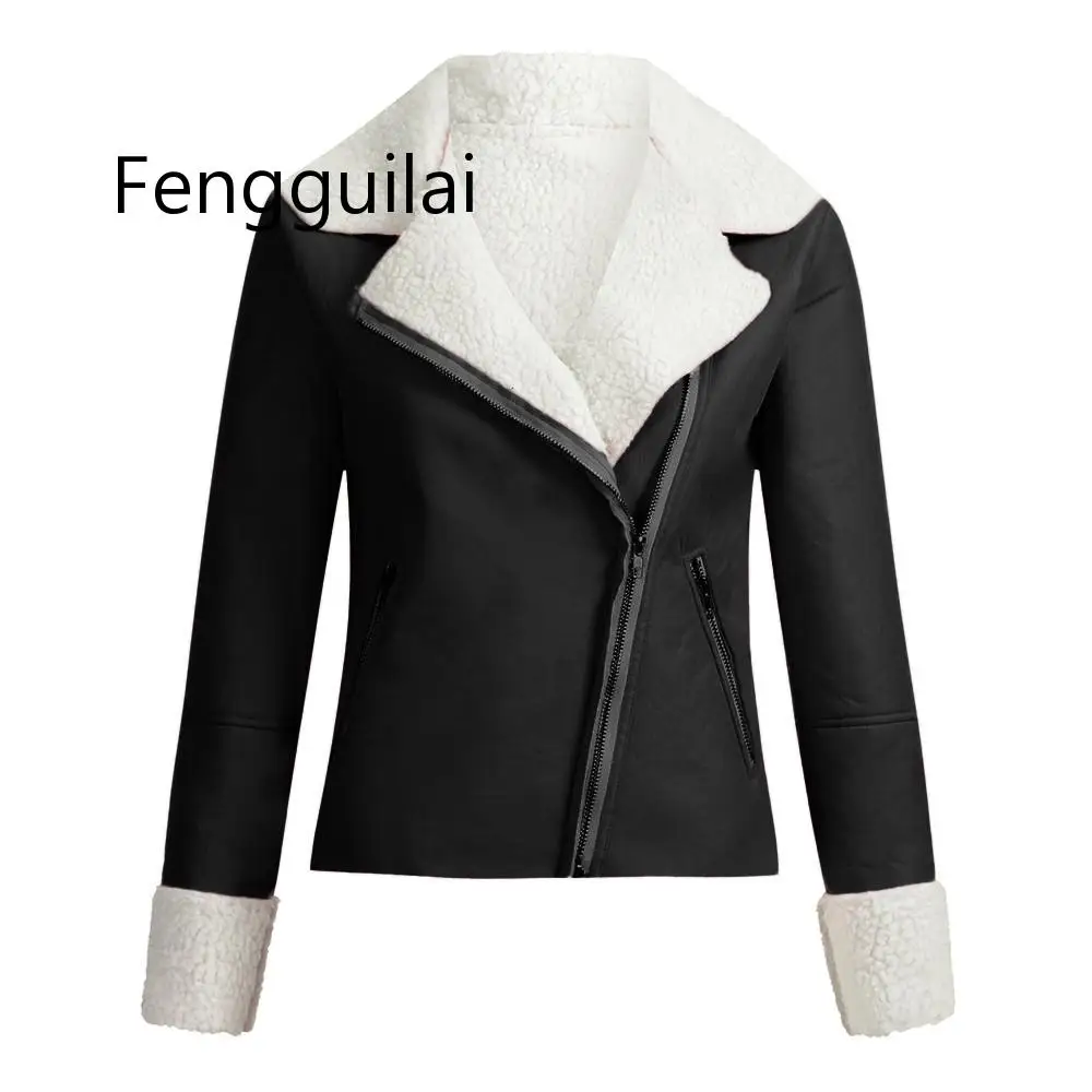 

FENGGUILAI Women Winter Coat Autumn Women Lapel Suede Leather Buckle Cool Pilot Jacket Faux Lamb Wool Motorcycle Jackets