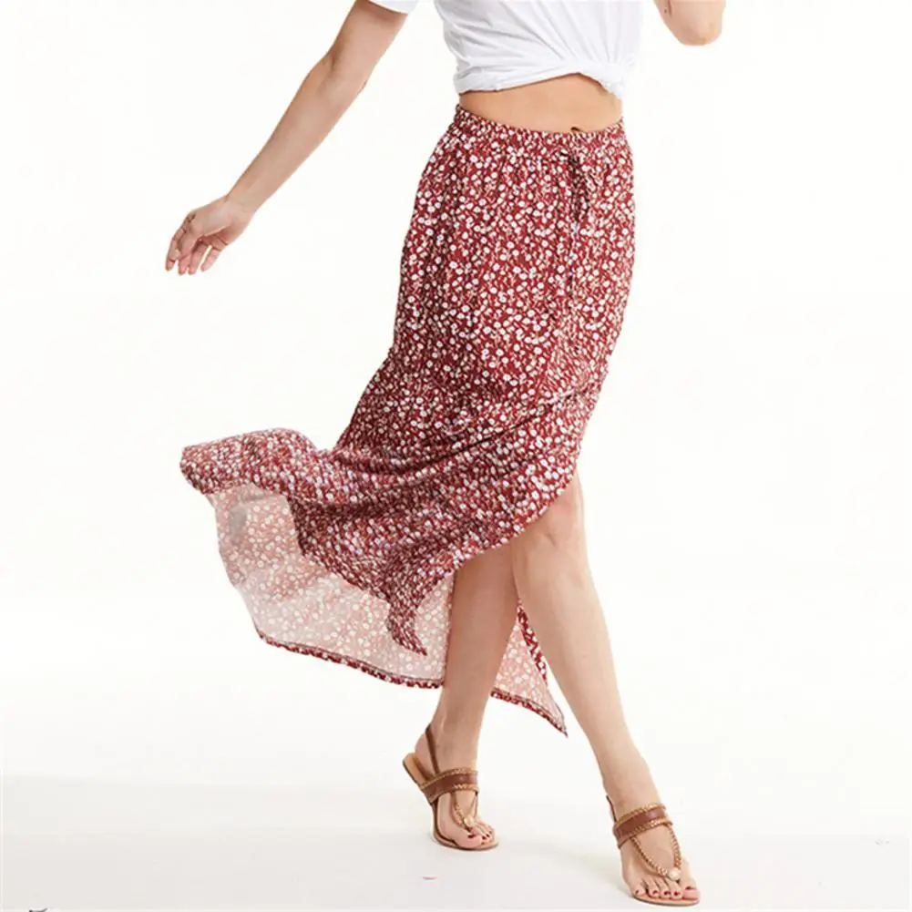 

Женская длинная юбка с оборками, элегантная винтажная юбка А-силуэта с цветочным принтом и разрезом, повседневная юбка с эластичным поясом ...