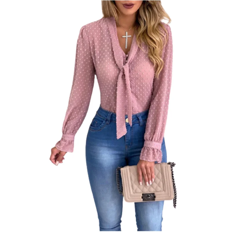 

Chiffon Blouse New Women Tops Long Sleeve V-Neck Work Wear Shirts Elegant Lady Casual Blouses Female Perspective Fashion Shirt