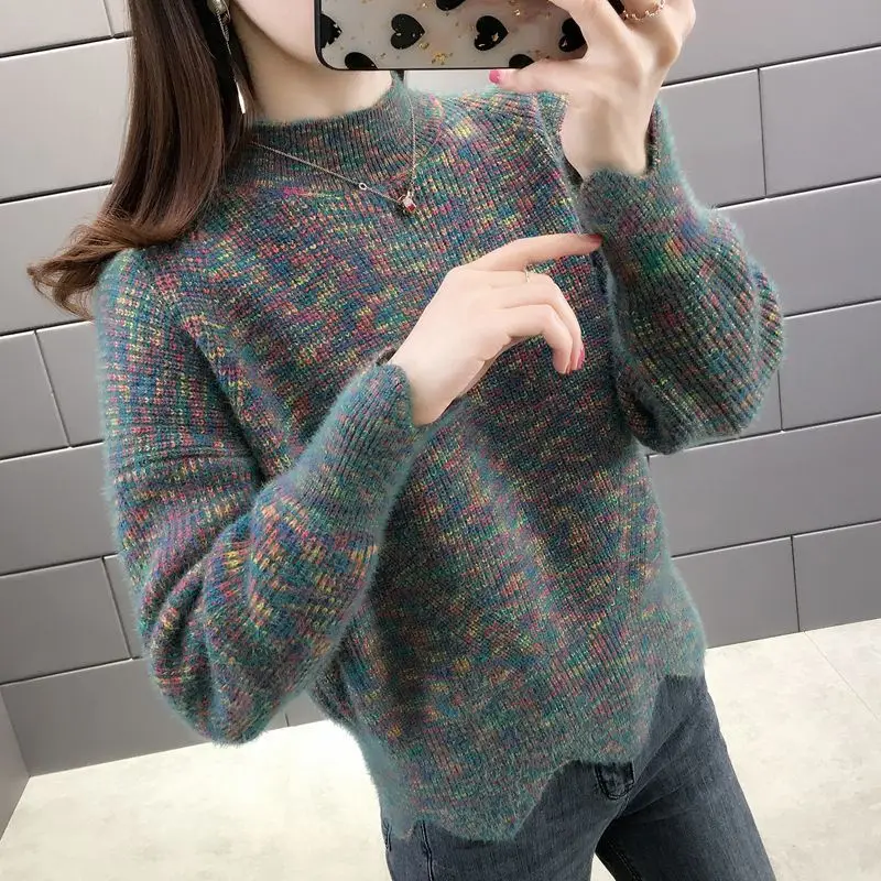 

Women's Knitted Bottoming Shirt Korean Loose Warm Sweater Mock Neck Collar Imitation Mink Fleece Pullover Autumn Winter Tops