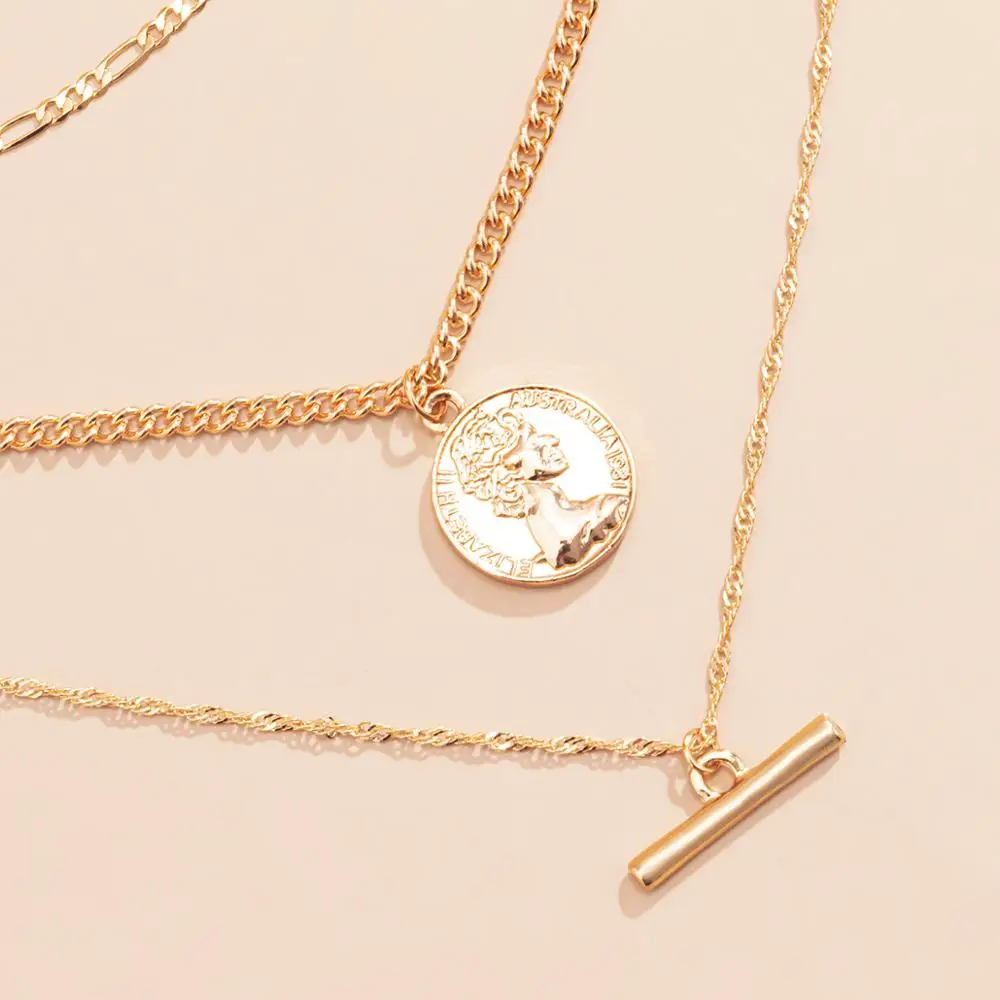 

2021 Minimalist Kpop Carved Portrait Coin Pendant Necklace for Women Girls Men Multilayer Disc Chain Necklaces Geometric Jewelry