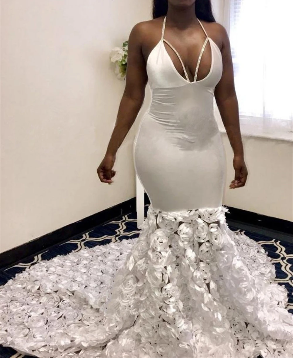 

Lanvendia Women V-neck HalterSequin Prom Dresses 2020 Sexy Black Grils Flowers Lace Applique Mermaid Evening Gowns Bridal Gowns