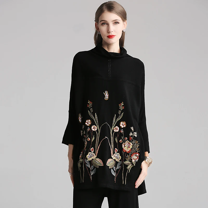 Осенний вязаный свитер с высоким воротником пуловер в китайском стиле вышивкой