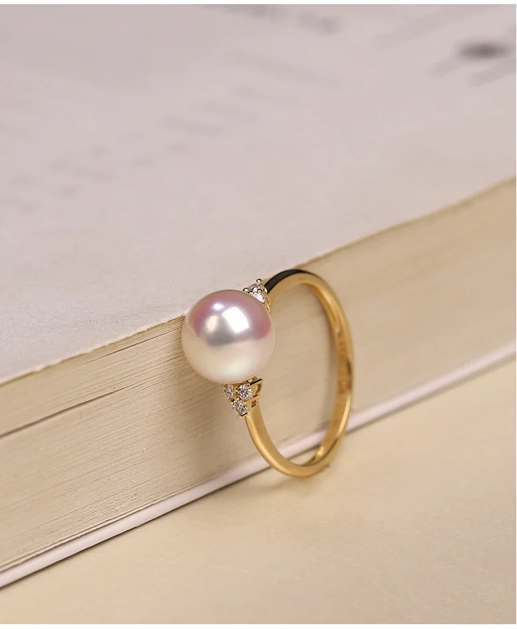 18K import Solid Yellow Gold Jewelry(AU750) Women  Single Grain Akoya Peas Weaving Diamond  ring  Natural Seawater Pearl  Lady