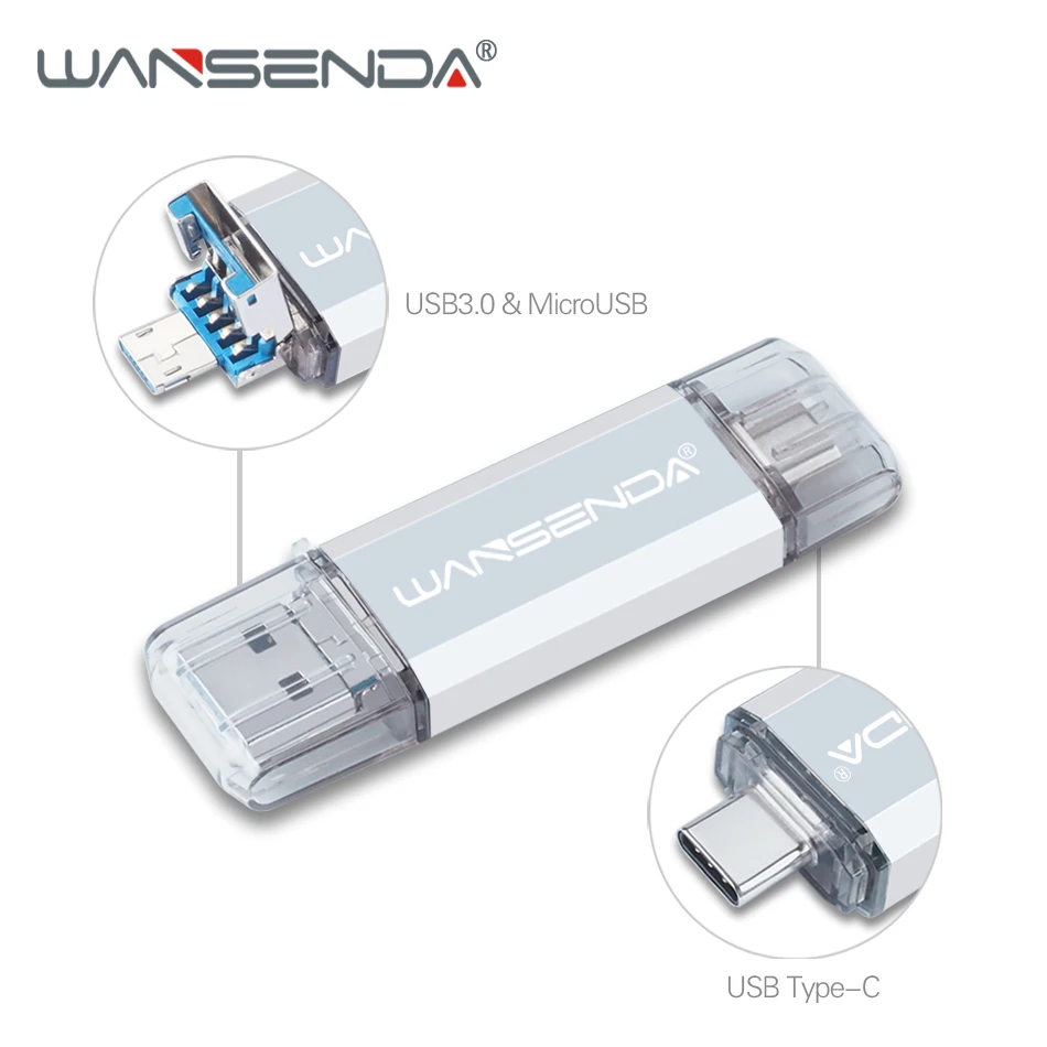 WANSENDA USB флеш-накопитель 3 в 1 USB 3,0& type-C Micro OTG флеш-накопитель 16 ГБ 32 ГБ 64 Гб 128 ГБ 256 ГБ Флешка флеш-карта памяти - Цвет: Серебристый