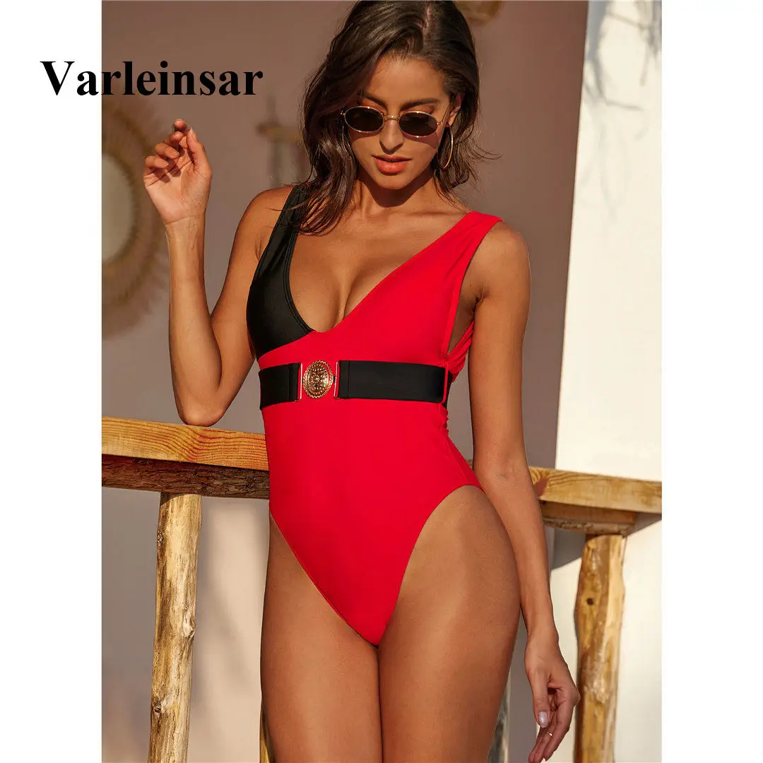 Сексуальный сплошной цельный купальник с V образным вырезом женская одежда для