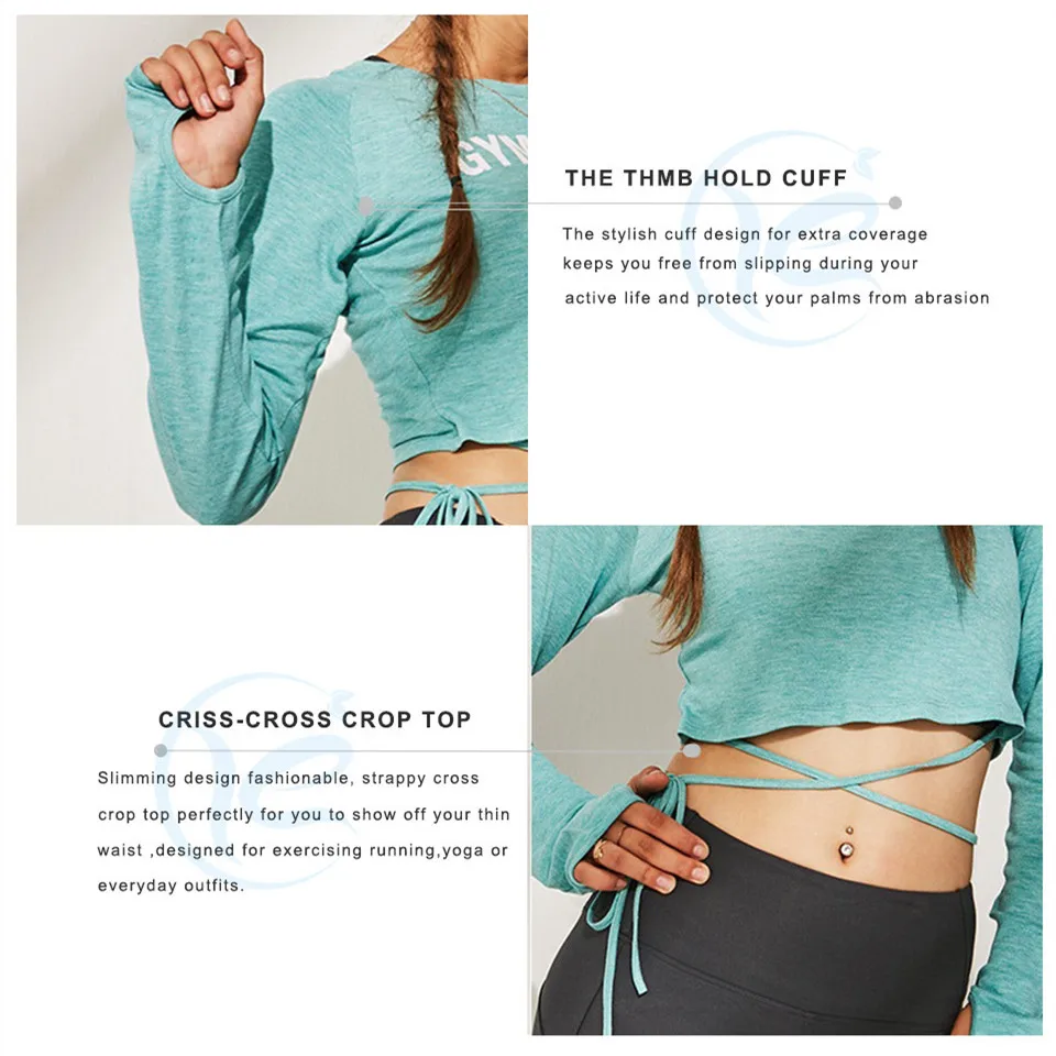 

Women Sexy Cross Strappy Waist Crop Top Casual Sport Dry Fit T Shirt Long Sleeve Thumb Hole Yoga T-shirt for Workout Gym