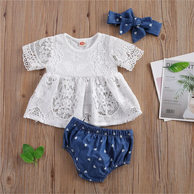

0-24T Three Piece Baby Girls Clothes Fresh Solid Color Short Sleeve Tops and Heart Print Wrapped Shorts and Sweet Headband