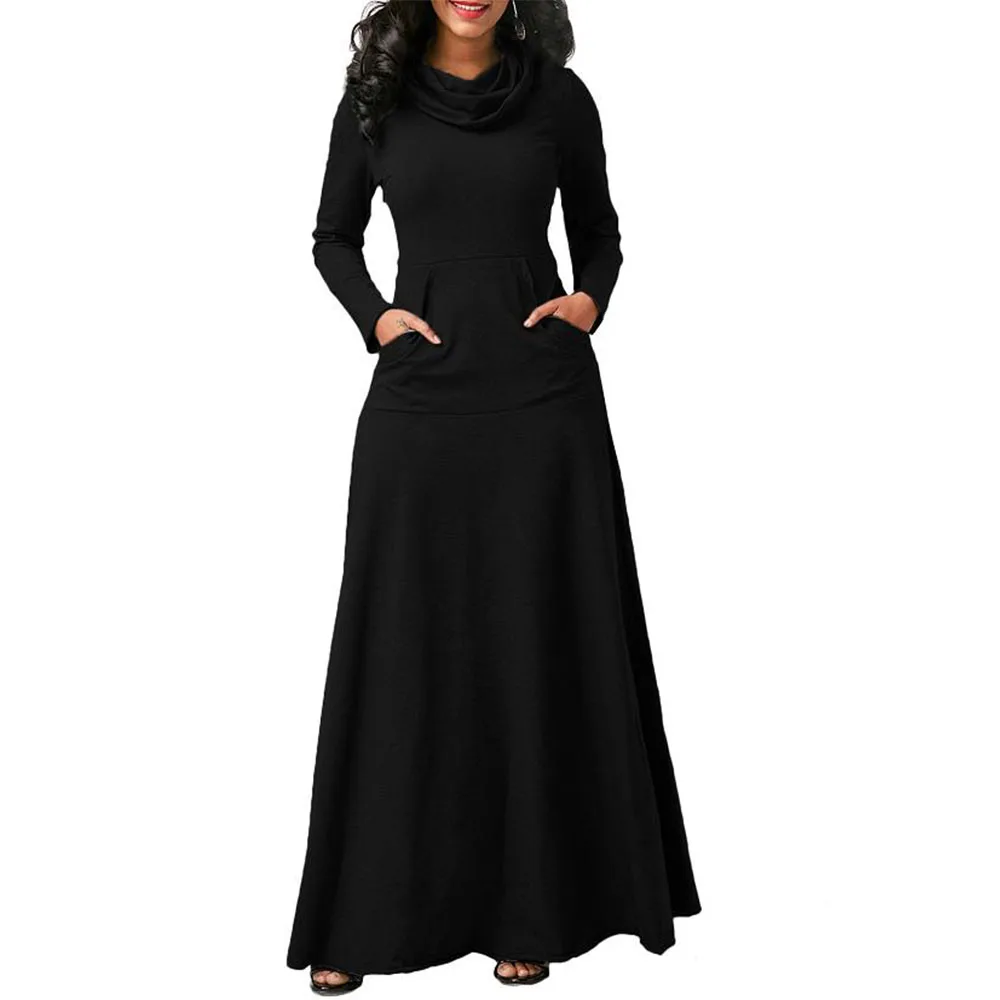 Женское теплое платье с карманом повседневное однотонное винтажное Макси-платье