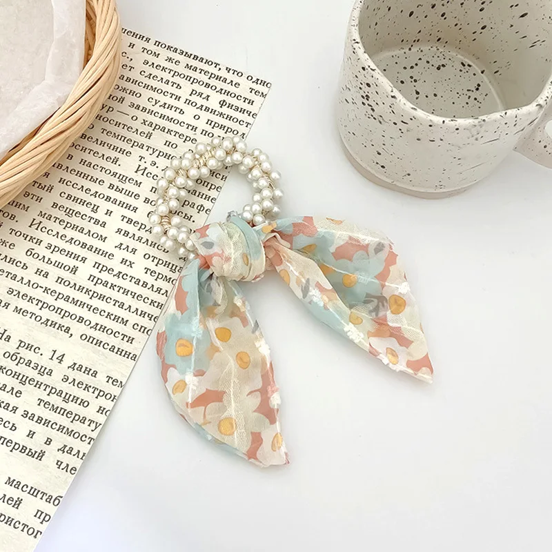 

Bow Imitation Pearl Hair Scarf For Women Elastic Hair Bands Girl Scrunchie Fashion Printing Ponytail Holder Tie Hair Accessories