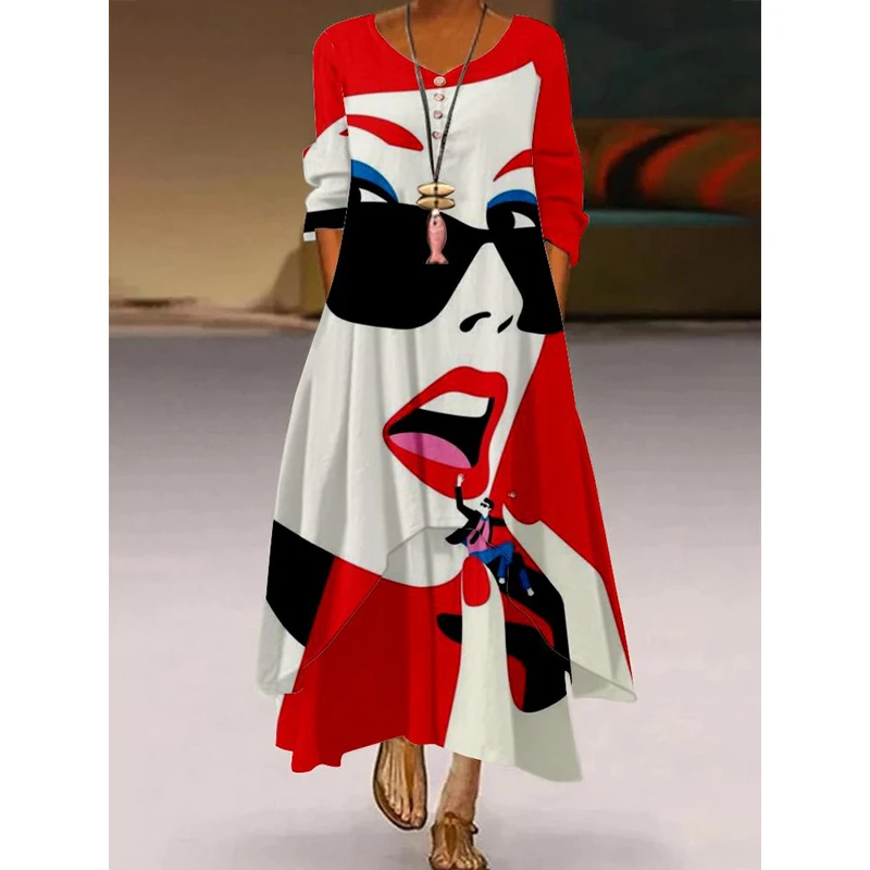 

Spring Autumn Maxi High Waist Dress Female Fashion Abstract Oil Painting Long Sleeve Slim Dress Ruffle Hem Vintage Floral Dress